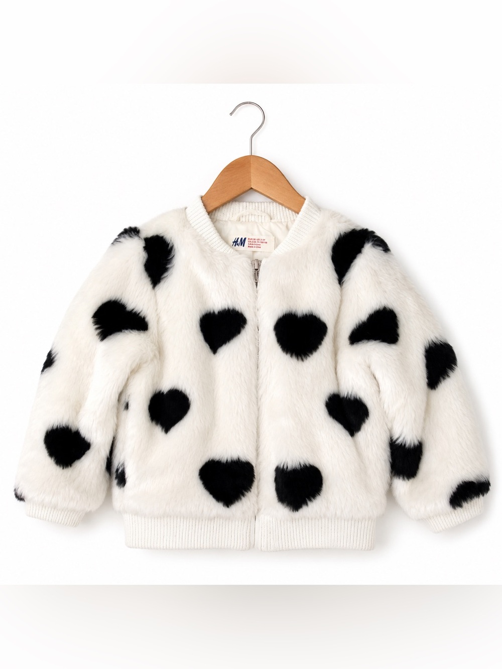 H&M Girls Faux Fur Jacket 2-3Y Heart Print Boutique Style Coat Cozy Cute
